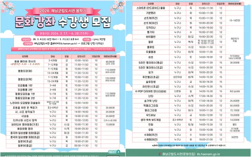 해남군립도서관, 다음달부터 전 연령 대상 ‘봄학기 문화강좌’ 운영