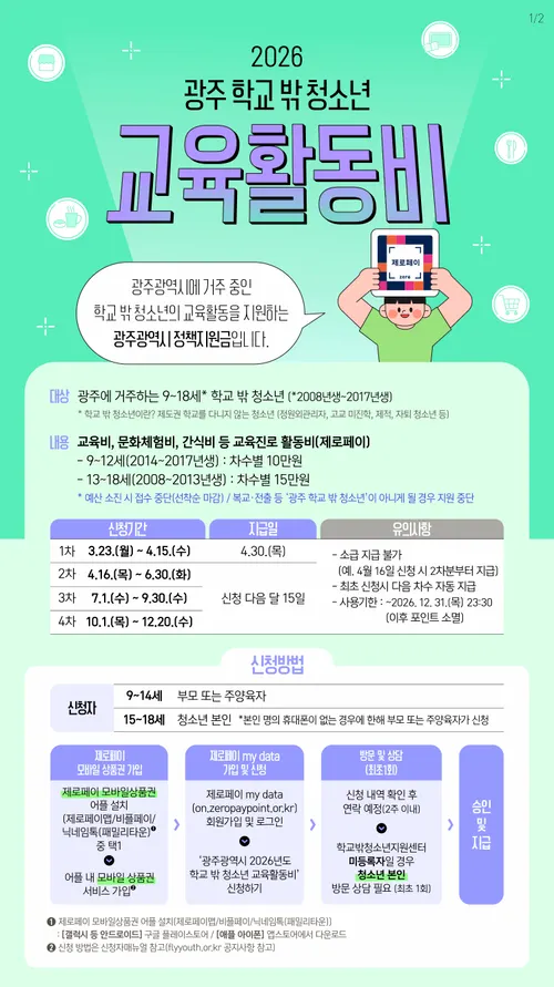광주시, 학교 밖 청소년에 교육활동비 연간 최대 60만 원 지원