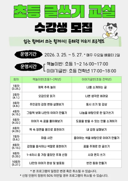 목포어린이도서관, 3월 25일부터 ‘초등 글쓰기 교실’ 운영