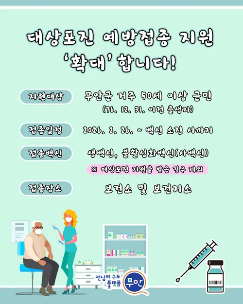 무안군, 50세 이상 대상포진 예방접종 지원…사백신 선택권 확대