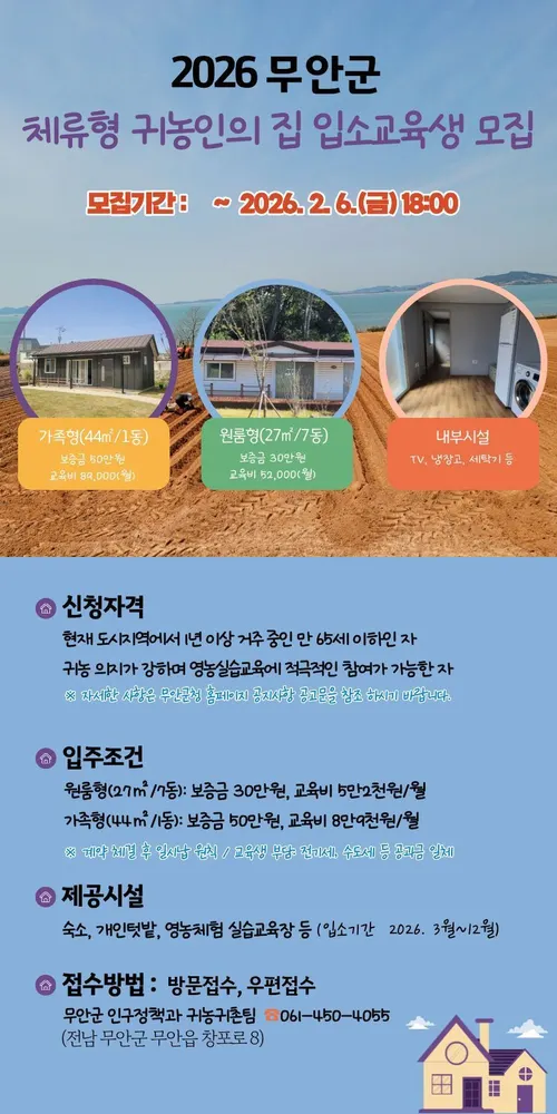 무안군, ‘체류형 귀농인의 집’ 입소 교육생 모집